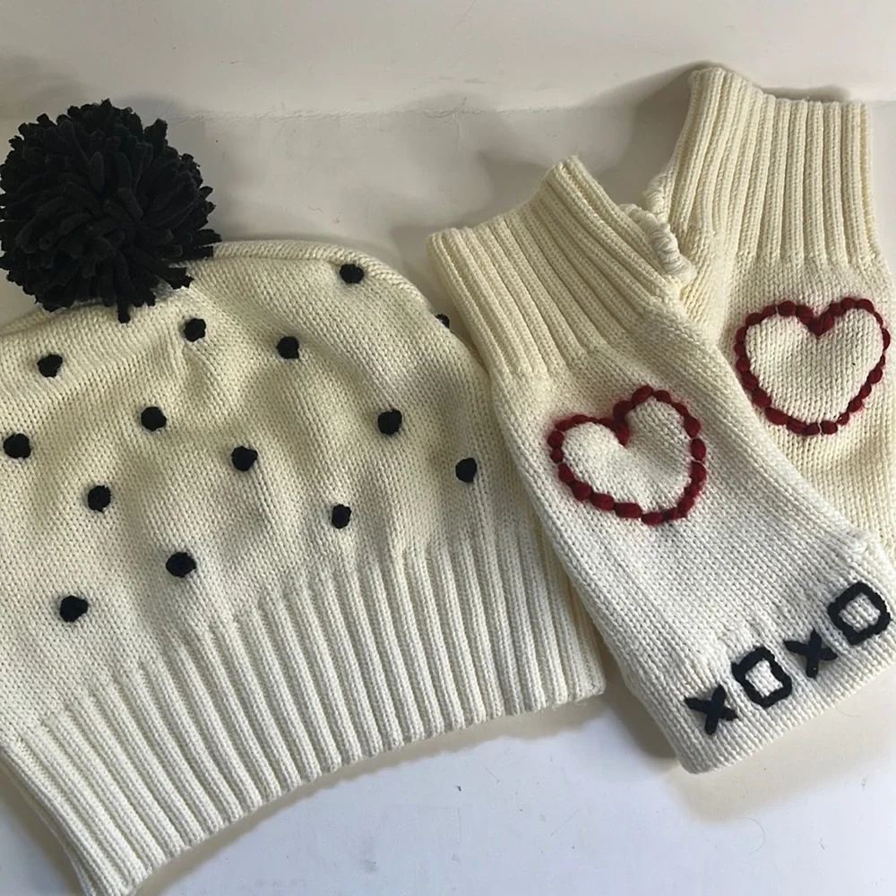 Upcycled Cream Heart Knit Beanie & Fingerless Mitten Set